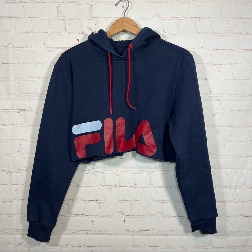 FILA Cropped Hoodie Sweatshirt Womens Medium Blue Long Sleeve